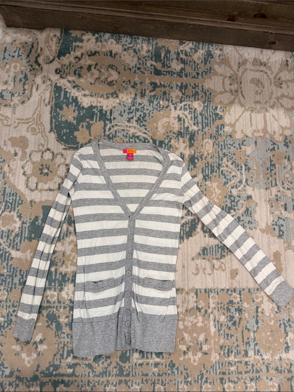 Striped V-Neck Button Cardigan Sweater - Gray and White